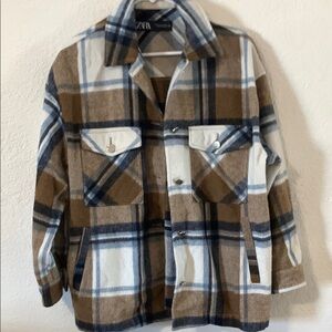 Zara Wool Blend Shacket Brown and Blue Shirt Jacket